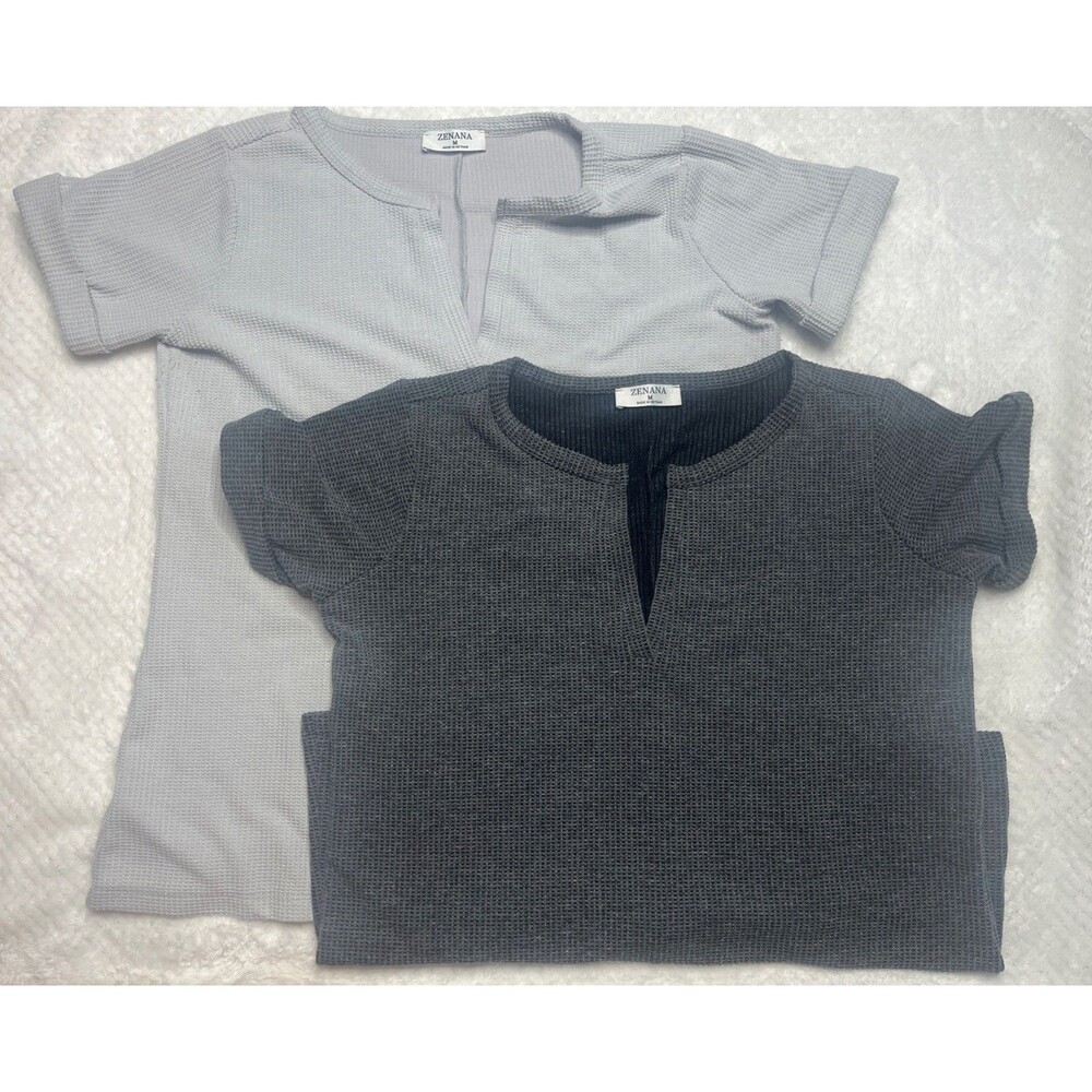 Bundle of 2 Zenana Waffle Knit V Neck Short Sleeve Top Size Medium